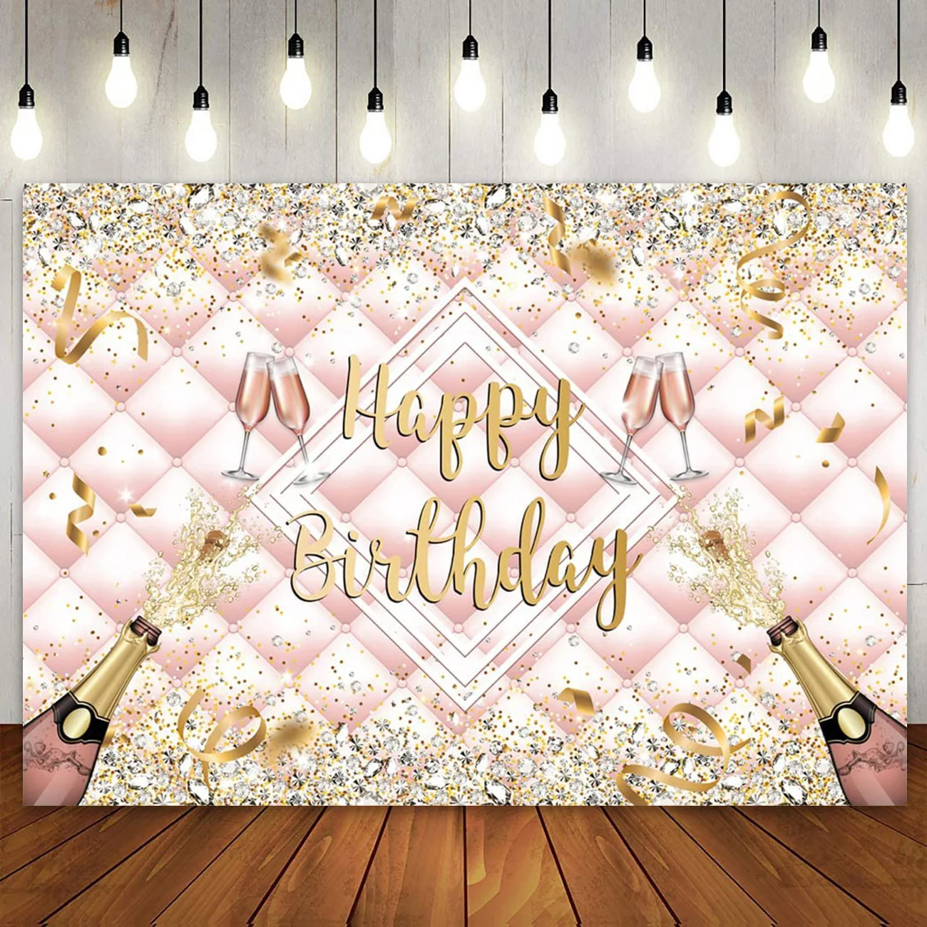 Decorazione Della Festa Di Compleanno Striscione Per Torta Sfondo Oro Rosa Heardboard Champagne Glass Diamond For Girl Women Sweet 16Th 18Th 21St