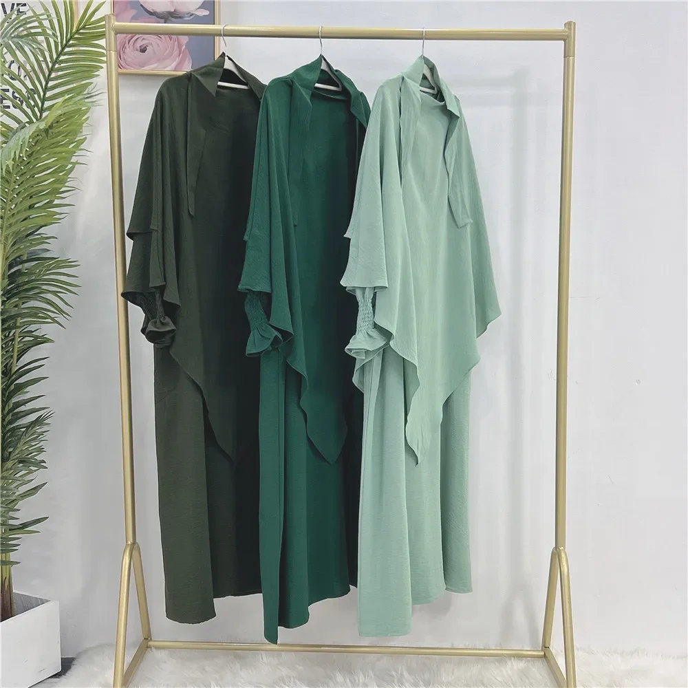 Khimar Set 2 Piece Abaya Crinkle Fabric Smocked Cuff Dress+Two Layer Hijab Scarf Muslim Women Prayer Dress Islamic Clothes Dubai