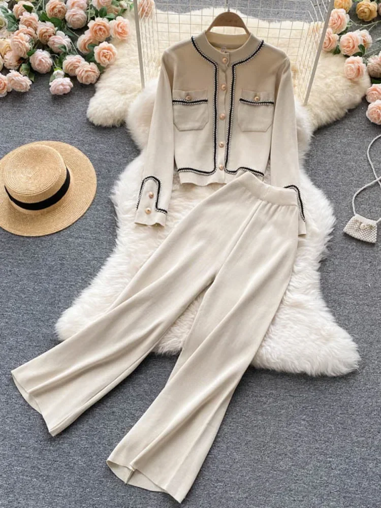 

New Autumn Korean Fashion Casual Knit Two Piece Set Women Sweater Cardigan Crop Top + Wide Leg Pant Suits Tracksuit 2 Piece Sets