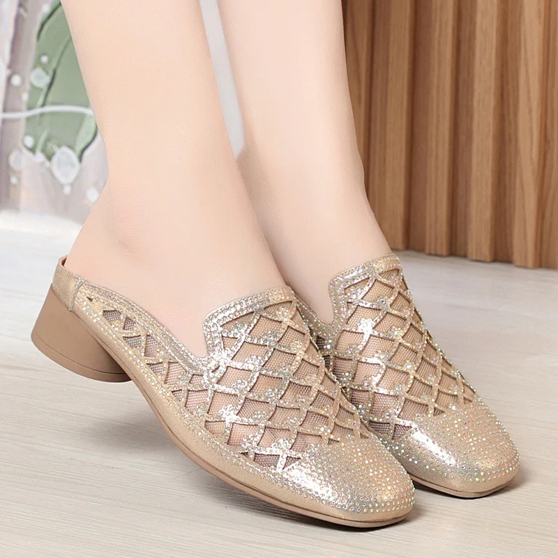 شبشب مقطوع الرأس من حجر الراين للنساء ، بغال يسمح...