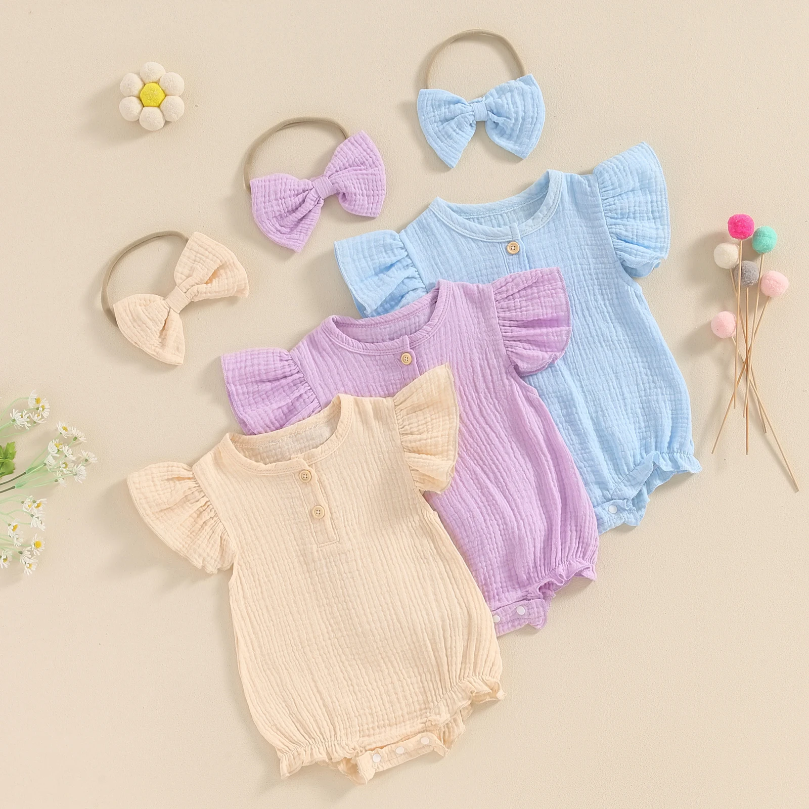 

Baby Girls Casual Rompers Solid Color Buttons Fly Sleeve Round Neck Infant Bodysuits Summer Clothes with Headband