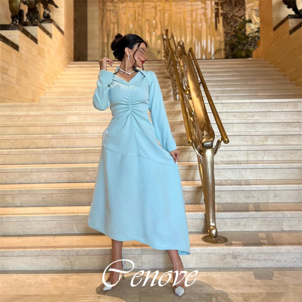 

Cenove 2024 Arab Dubai V Neckline Prom Dress Tea-Length With Long Sleeves Evening Fashion Elegant Party Dress For Women