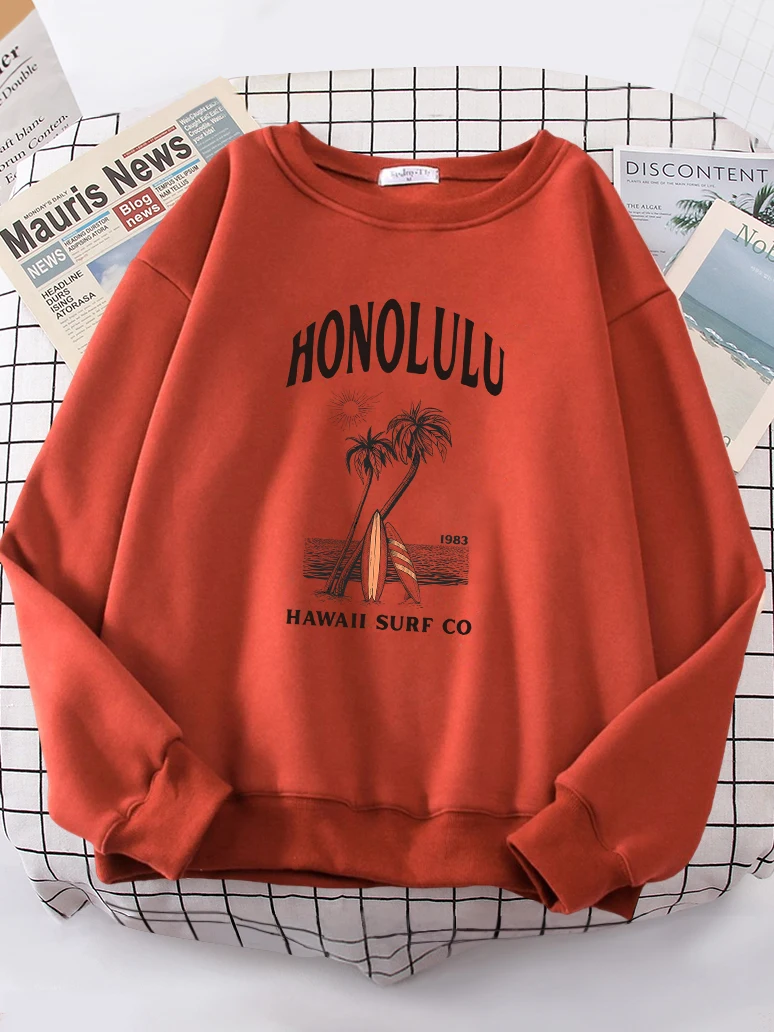 

Honolulu 1983 Hawaii Surf Printing Sweatshirts Fleece Autumn Sportwear Thick Winter Women Hoody Oversized Casual Girl Hooded