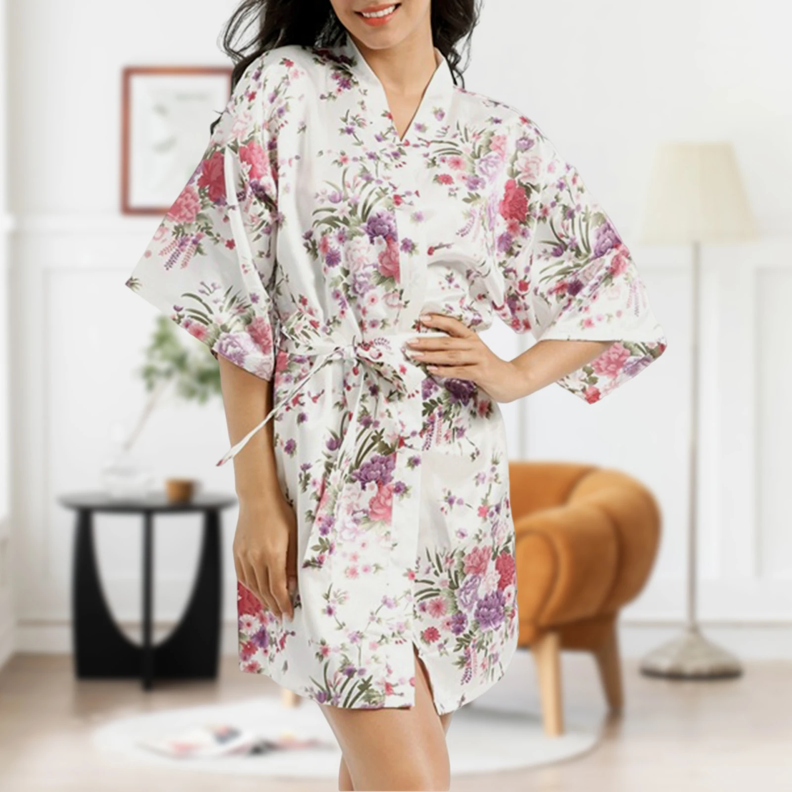 Summer Cardigan Robe Japanese Style Floral Printed Ladies Bath Short Robe Traditional Slim Fit Long Sleeve Sleepwear Outfit