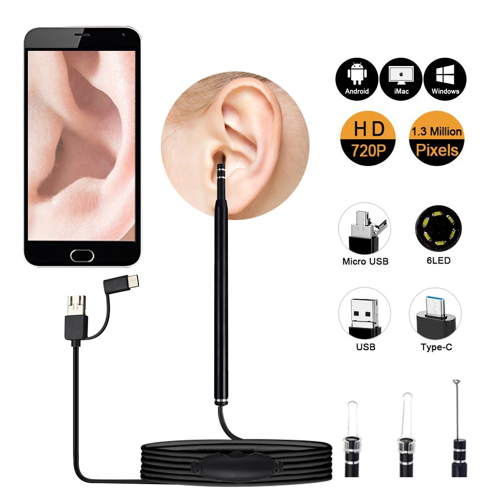  Medical In Ear Cleaning Endoscope Spoon Mini Camera Ear Picker Ear Wax Removal Visual Ear Mouth Nose Otoscope Support Android PC 