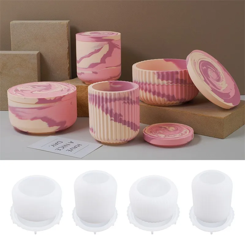 Round Stripes Candle Cup Silicone Mold With Cover Diy Plaster Cement Storage Tank Crystal Resin Mirror Box Mould Home Decors silicone mold