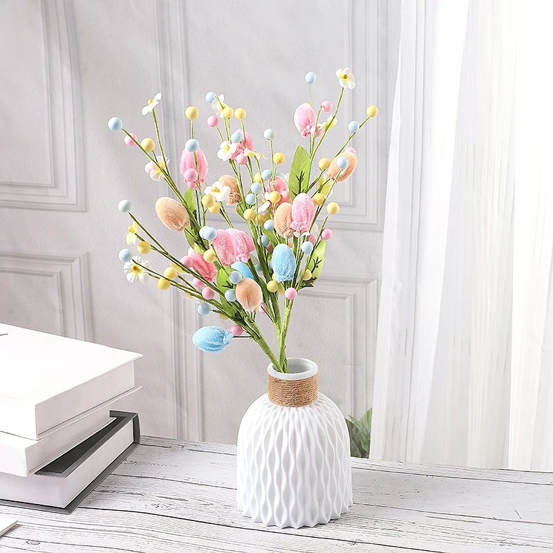Easter Colorful Eggs Tree Branch DIY Flower Bouquets Fake Plant 2025 Happy Easter Party Home Vase Decoration Spring Floral Stem