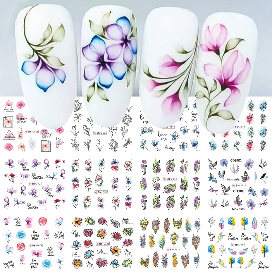 12PC Watercolor Flower Leaf Nail Water Decal Sticker Spring Floral Design Ink Blooming Tree Geometric Line Slider Manicure Decor