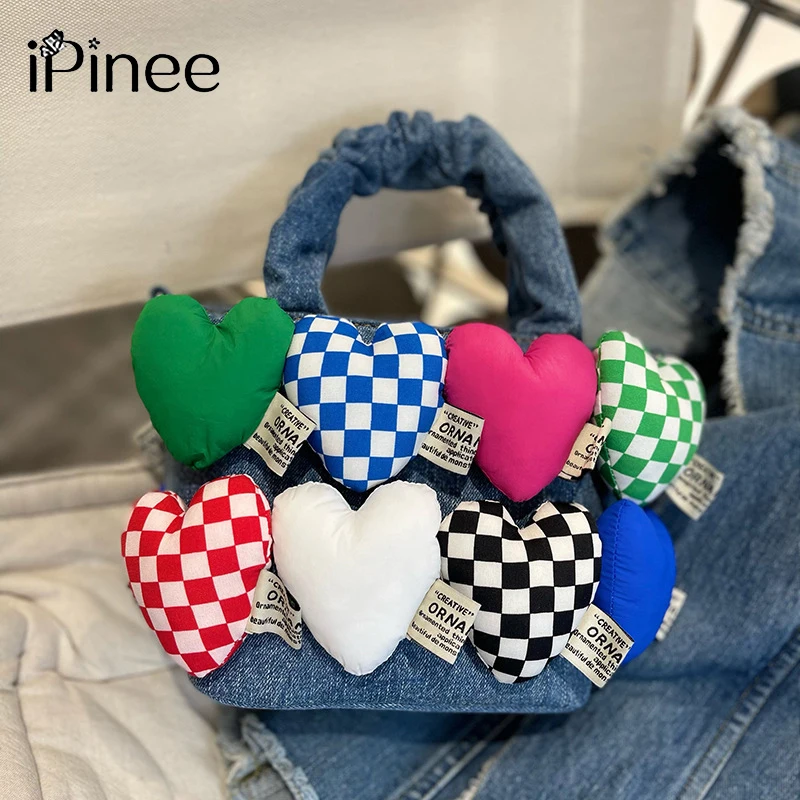 

iPinee Washed Denim Love Heart Ladies Messenger Bag High Quality Small Bag Fashion Ladies Handbag