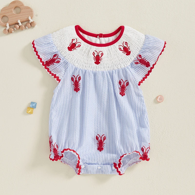 Newborn Infant Baby Girl Smocked Bubble Summer Sleeveless Striped Crawfish Embroidered Romper 2