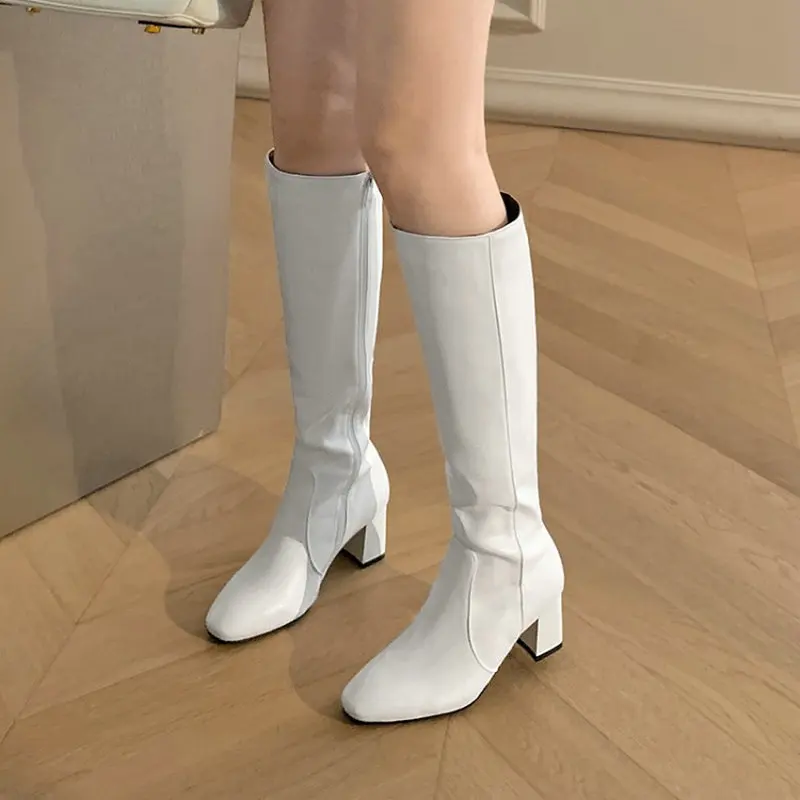

QPLYXCO 2022 winter new soft PU knee-high boots solid color white red black chunky high heels zipper booties for woman shoes