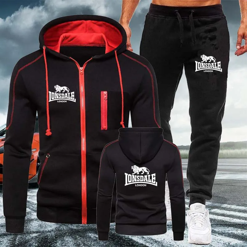 Мужская зимняя толстовка на молнии с принтом Lonsdale и двойная ветрозащитная одежда