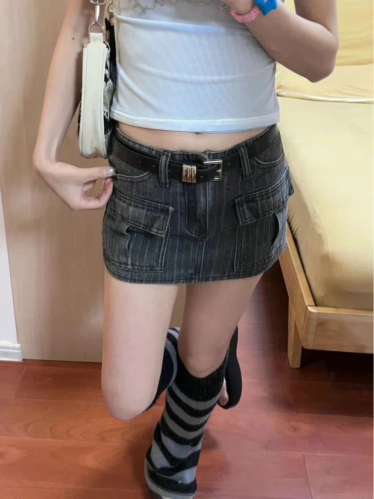 

HOUZHOU Korean Style Streetwear Denim Skirts Women Vintage High Waist Gray Mini Skirt Y2k Sexy Slim Hot Girl Fashion Jeans