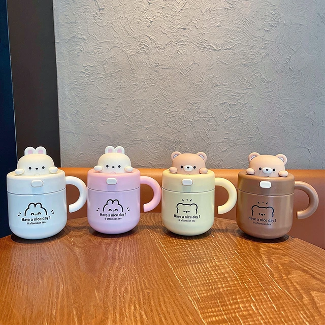 Kawaii Bear Coffee Thermal Cup For Hot Cold Drinks Water Tea Milk Thermos  Mug Stainless Steel Cup With Straw Lid Portable Bottle - AliExpress