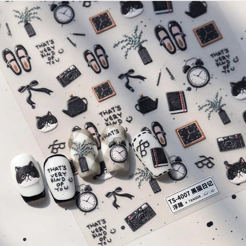 검은 고양이 새끼 고양이 안경 카메라 계시기 신발 노트북 꽃병 펜 주전자 Bowknot 항목 접착제 네일 아트 스티커 매니큐어 데칼