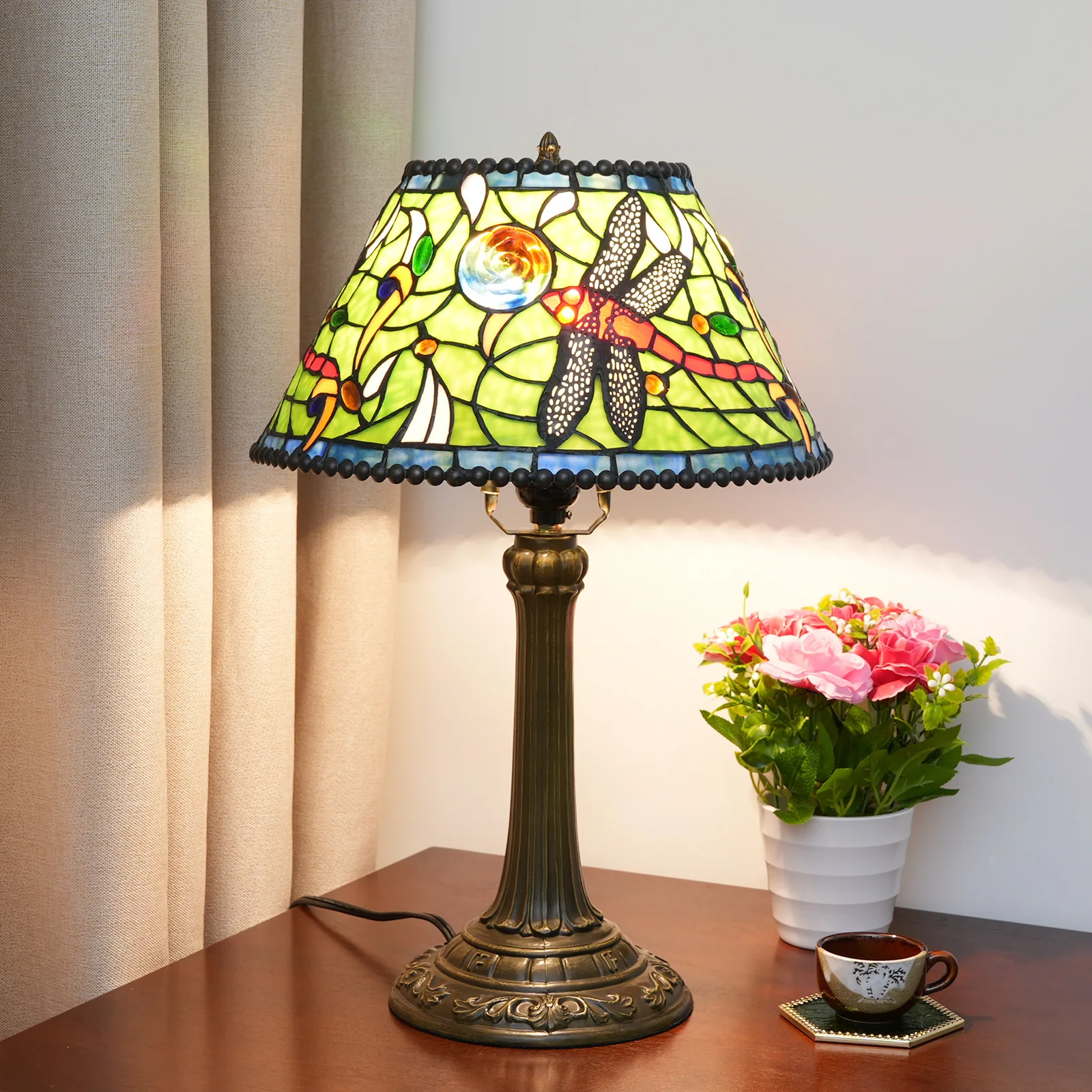 12 Inches Lampshade Stained Glass American Dragonfly Flower Vintage Bronze Flush Mount Tiffany Table Lamp 4