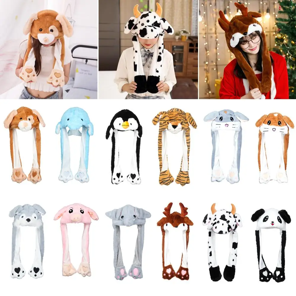 1PC Cute Animals Ear Moving Jumping Hats Plush Warm Soft Women Girls Funny Cap Winter Rabbit Pinch Airbag