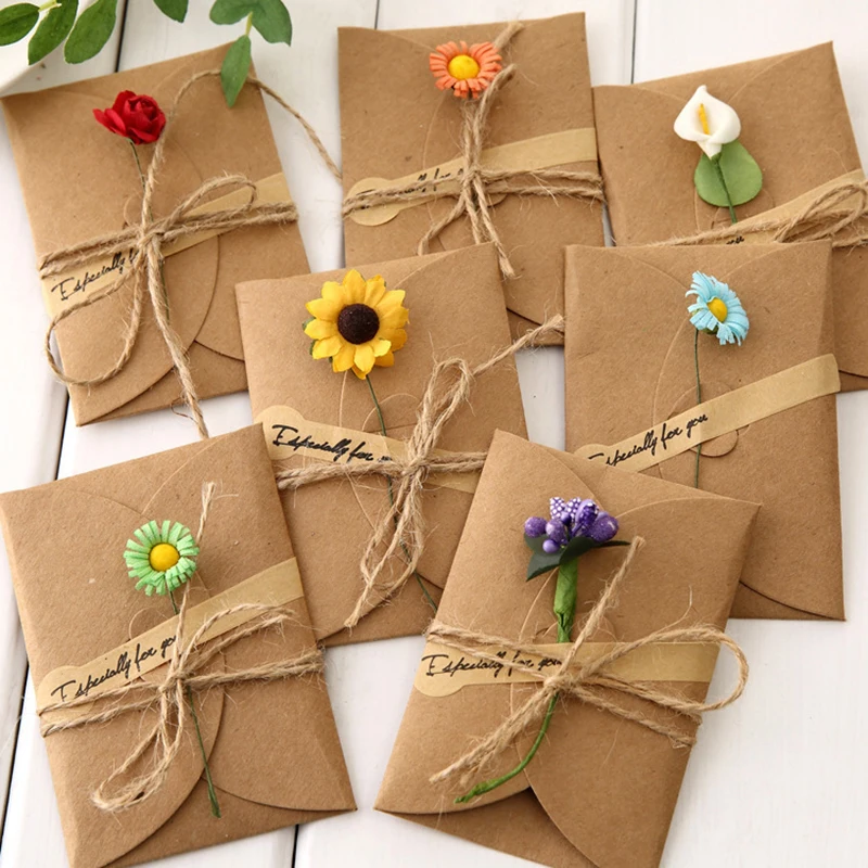 Homemade Kraft Paper Handmade Dried Flower Invitation Cards With Envelopes And Wedding Gifts Random Patterns 9 Pieces greeting cards wedding invitations