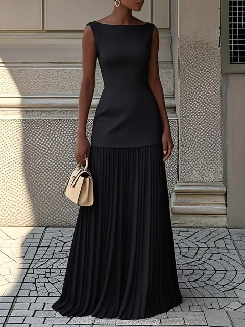 112679-f4b6f2.jpg Robe longue plissée patchwork chic et élégante pour femme, sans manches, taille haute, pour soirée, club, bal de promo