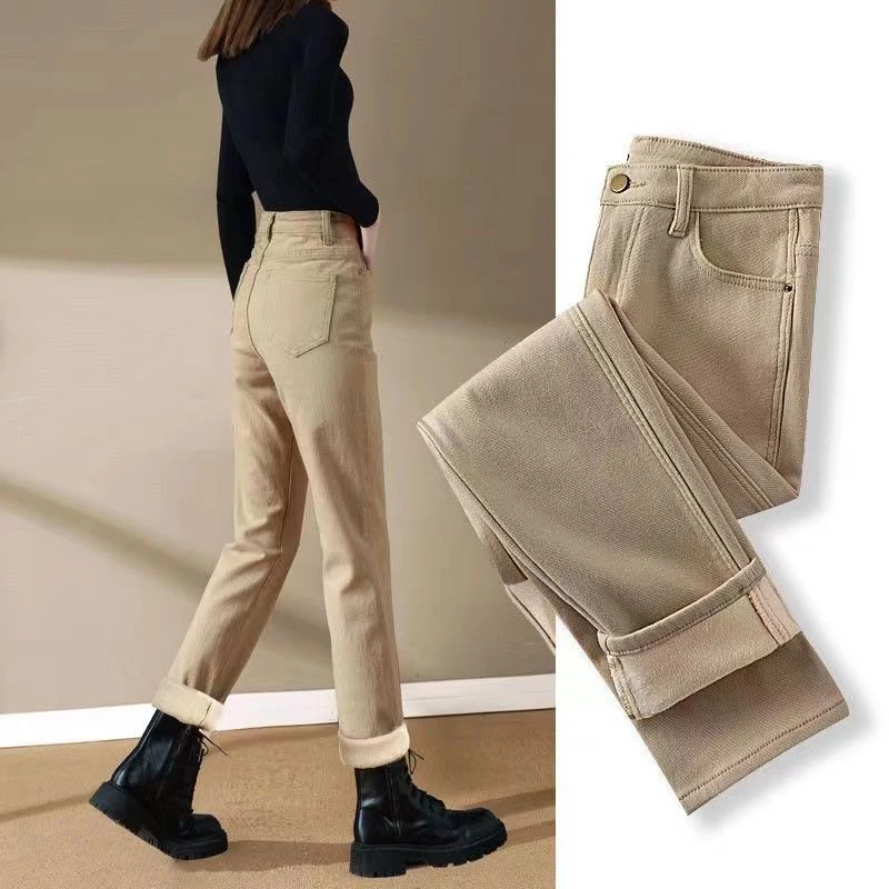 

Autumn Winter Casual Fashion Solid Color Jeans Lady High Waist Add Velvet Denim Pants Women Thick Warm Straight Cotton Trousers