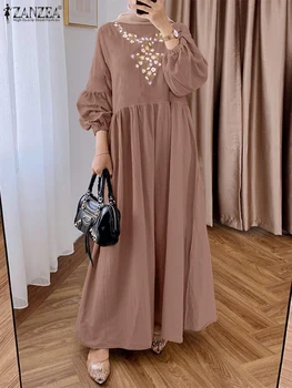 Fashion Muslim Dresses Abaya 2025 ZANZEA Women Elegant Long Sleeve Embroidery Sundress IsIamic Robe Ramadan Hijab Vestido Kaftan