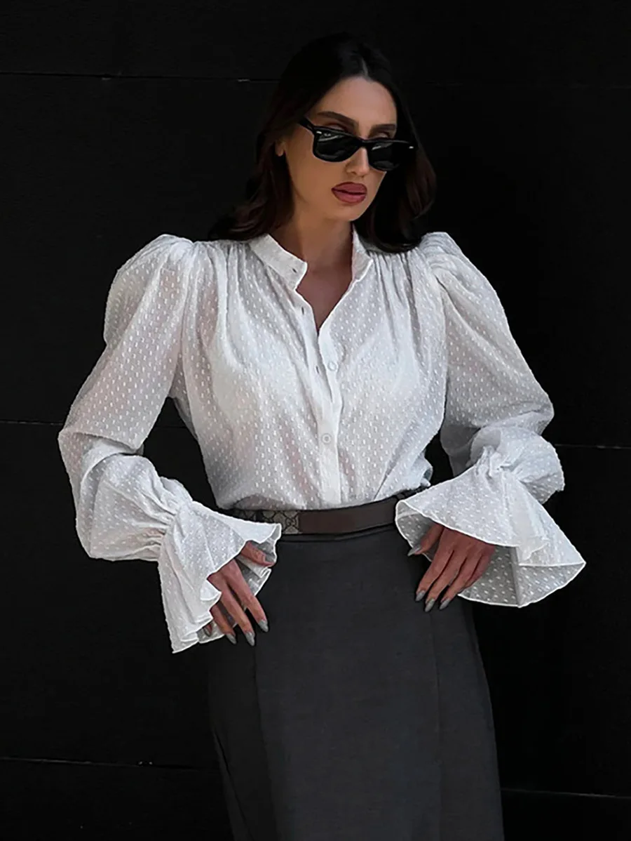 

Женские Элегантные шифоновые Жаккардовые Рубашки, белые блузки с пышными рукавами, офисные женские топы с рюшами и воротником-стойкой