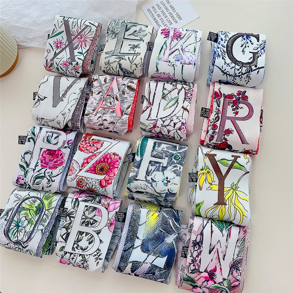 Korean 2024 Summer New Tarot Brand Plant Flower 26 Letter Women's Decoration Twill Streamer Silk Scarf Tie Bind a bag Ribbon 4