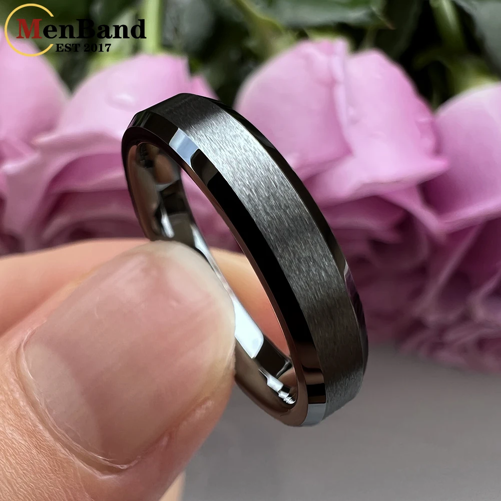 MenBand Fashion 4MM Silver Color Tungsten Carbide Wedding Band Rings Beveled Polished Edges Matted Finish Comfort Fit Size 4-12