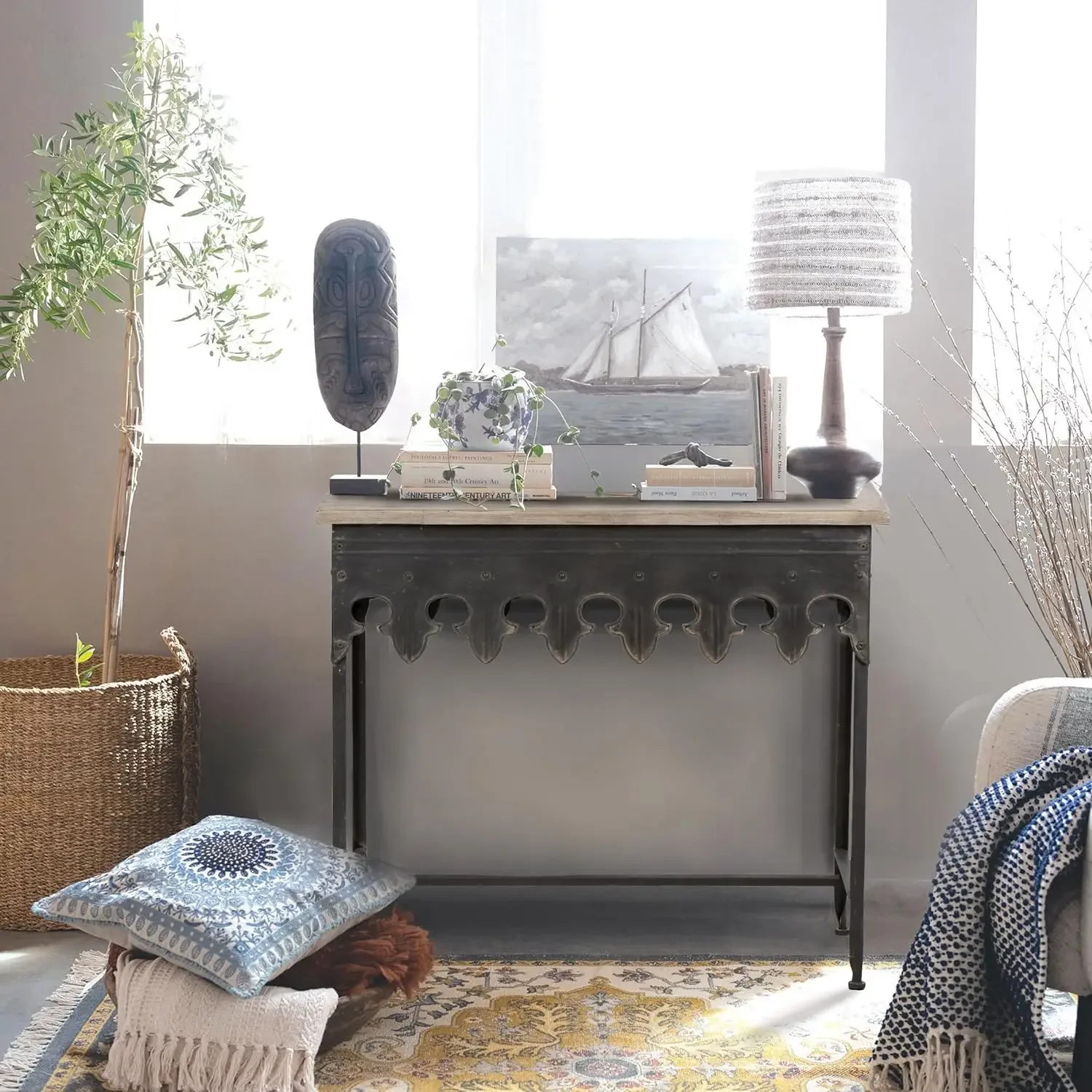 

Rustic Farmhouse Metal Console Table with Solid Wood Top, Distressed Grey