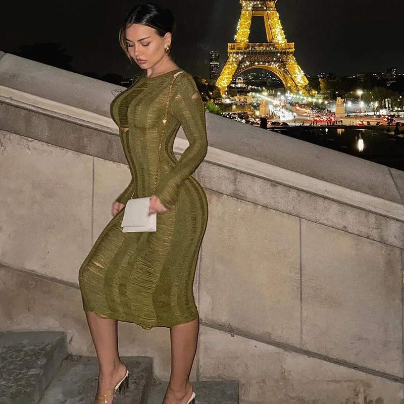 

Solid Hole Knitted Women Maxi Dress Women Fashion O-Neck Full Sleeve High Stretchy Bodycon Long Party Clubwear Beach Outfits