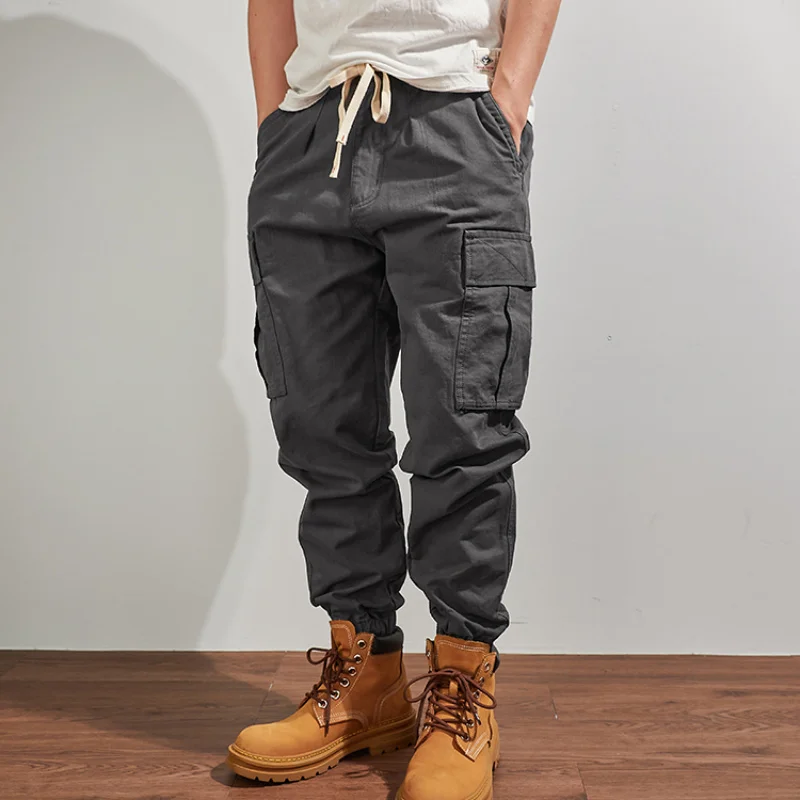 

leather color Autumn and solid handsome overalls men's tide brand trend Joker loose American leisure multi-pocket convergent leg
