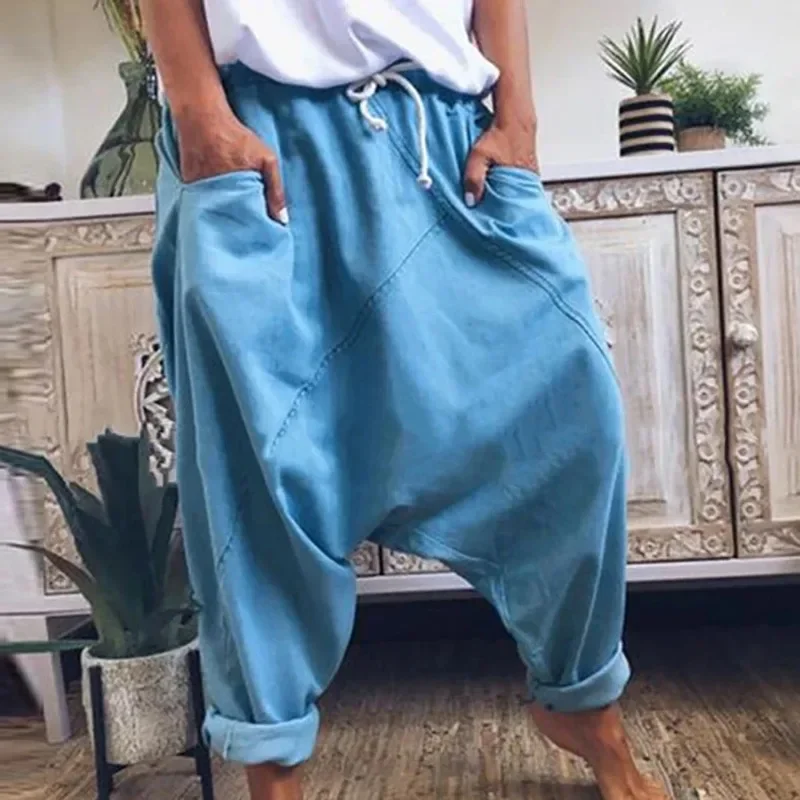 Women Casual Drawstring Pockets Drop Crotch Baggy Long Trousers Harem Pants Fall Winter Home Lazy Pants Simple Streetwear Ethnic