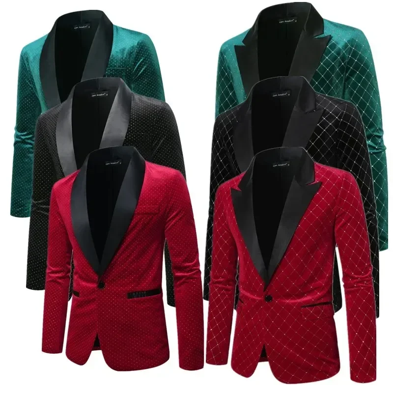 Men Luxury Gold Velvet Suit Single-button Loose Jacket Wedding Party Dress Plaid Blazers