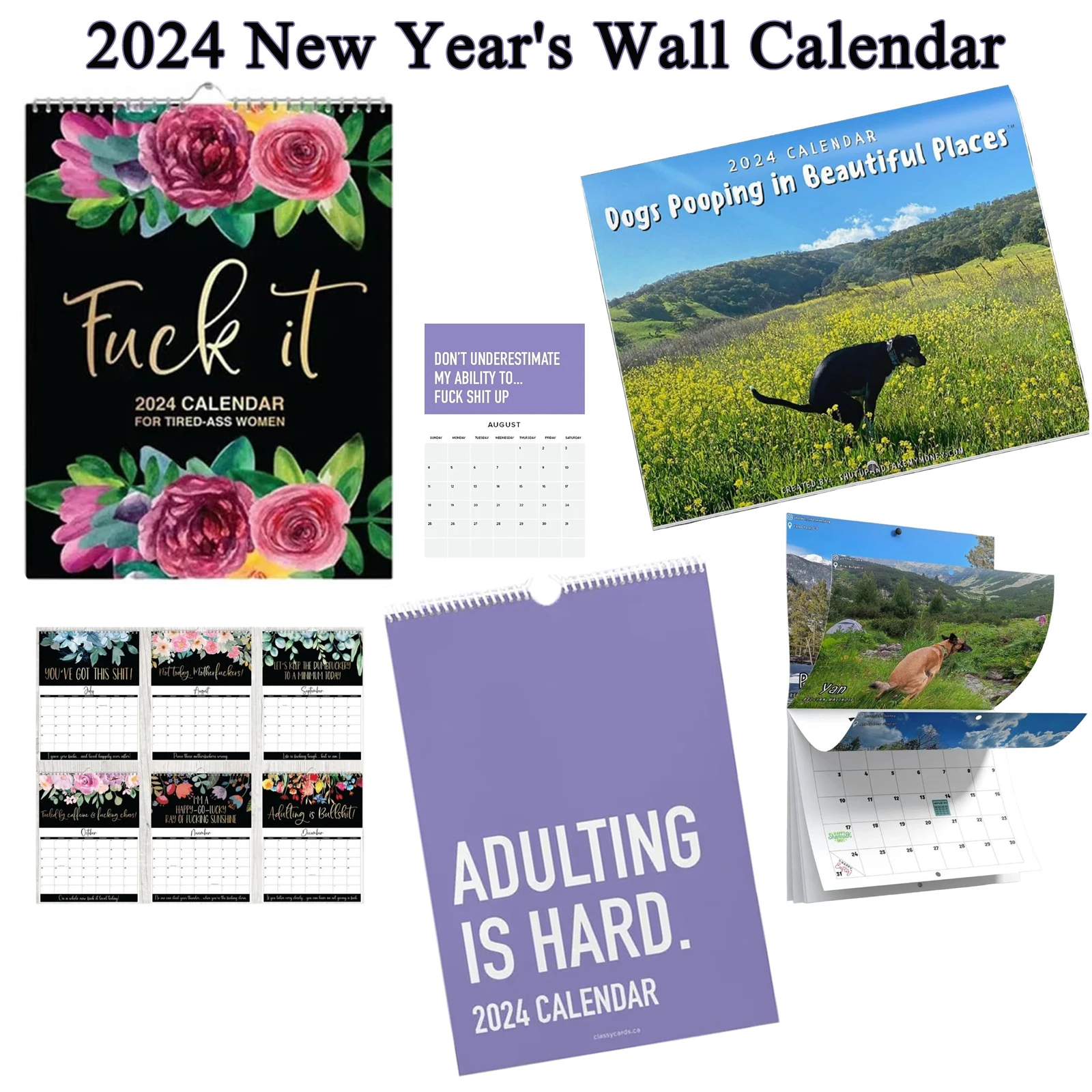 Monthly Wall Calendar 2024 Funny Dog Pooping Calendar Gift Flowers Hanging Calendar Time Planning New Year Home Indoor Decor outdoor monitor video phone 3mp 64g memory card home security protection surveillance camera time display function