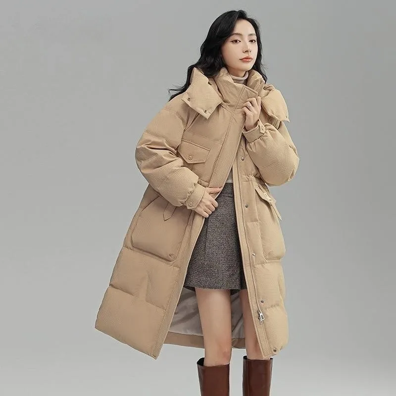 2023 New Women Down Jacket Winter Coat Female Mid Length Version Parkas Loose Warm Outwear Hooded Fashion Versatile Overcoat winter new down jacket women 90% white duck down mid length hooded parka loose solid color fashion thicked warm outwear female