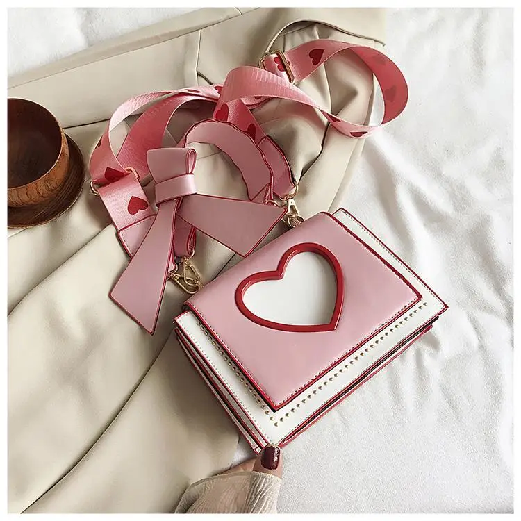 Xiuya Sweet Cute Womens Shoulder Bag Korea Wide Straps Heart Hollow Messenger Bag For Women Small Handbags Envelope Purse