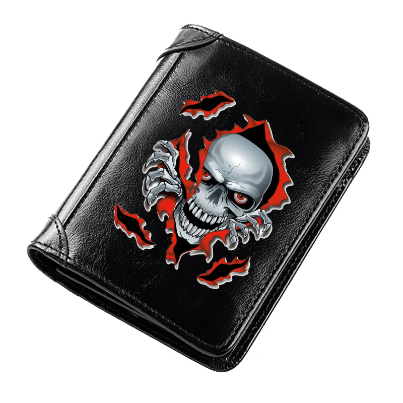 

Punk Style Skeleton Skull Printing Genuine Leather Wallets for Men Rfid Thin Short ID Credit Card Holder Money Bag