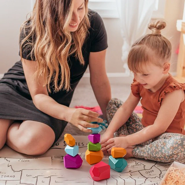 Wood Rainbow Stones Block Colorful Wooden Building Block Rainbow Stacker Balancing Stone Montessori Educational Toy Children 6