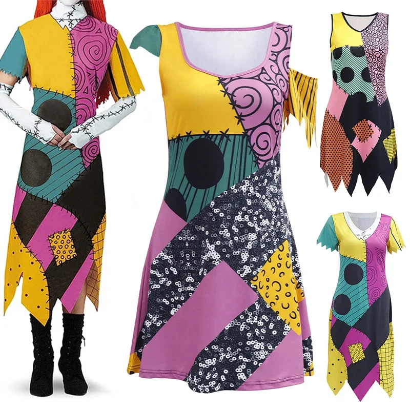 

Halloween Horror Cosplay Nightmare Before Christmas Anime Girl Costume Props Sally Skelington Cosplay Dress Halloween Party Set
