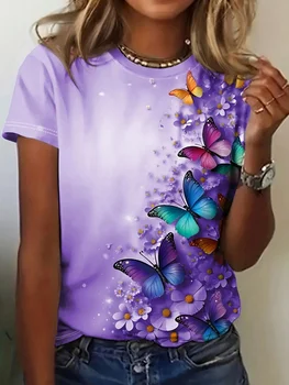 2026 New Summer Women's Round Neck 3D Printed T-Shirt Butterfly Graphics Fashion Short Sleeve Top Streetwear Tees Women Clothing