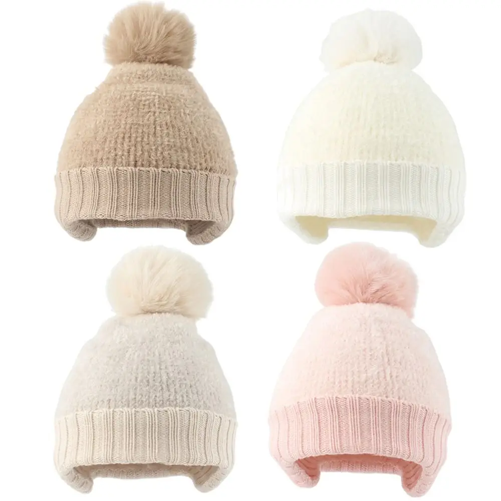 

Fleece Lined Children's Ear Protection Hat Cute Warm Thicken Windproof Warm Cap With Pom Pom Baby Knitted Hats Girls Boys