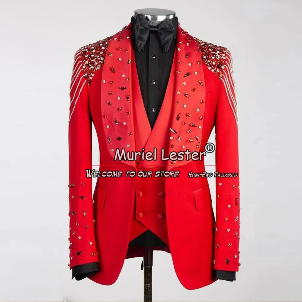 

Men's Red Suits For Wedding Luxury Tailore Made Gemstone Beaded Prom Blazer Formal Business Banquet Groom Tuxedos Costume Homme