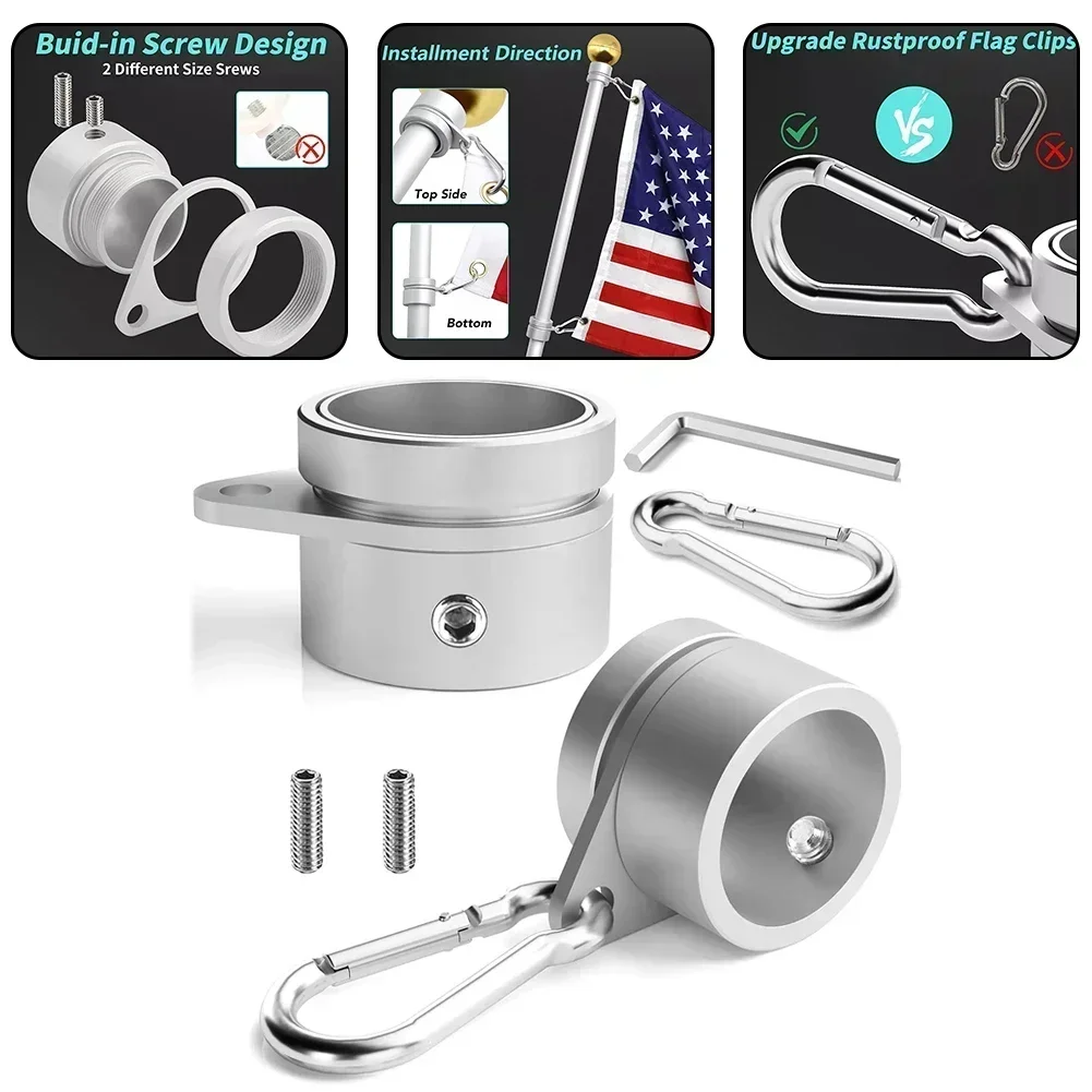 2pcs Aluminum Alloy Flag Pole Rings Flagpole Flag Mounting Rings With Carabiners AntiWrap for 0.75-1 In Pole for 360&deg; Rotating Flag Pole Attachments