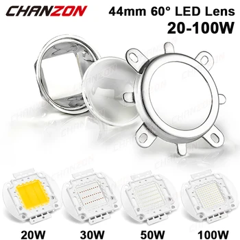 44mm Lente Riflettore Collimatore Lampada Ad Alta Potenza Perlina di Vetro Ottico 60 Gradi 50mm Lente Fissa Per 20W 30W 50W 100W Cob Led Chip