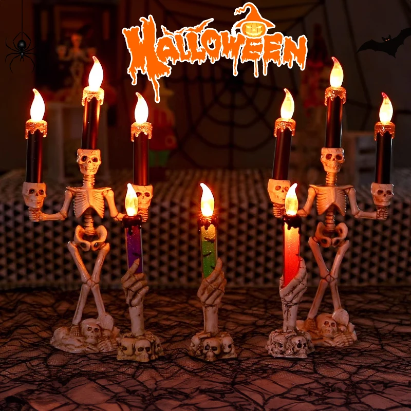 

Halloween LED Skeleton Candlestick Horror Flameless Ghost Skull Candle Lights Props For Festival Party Home Halloween Decoration