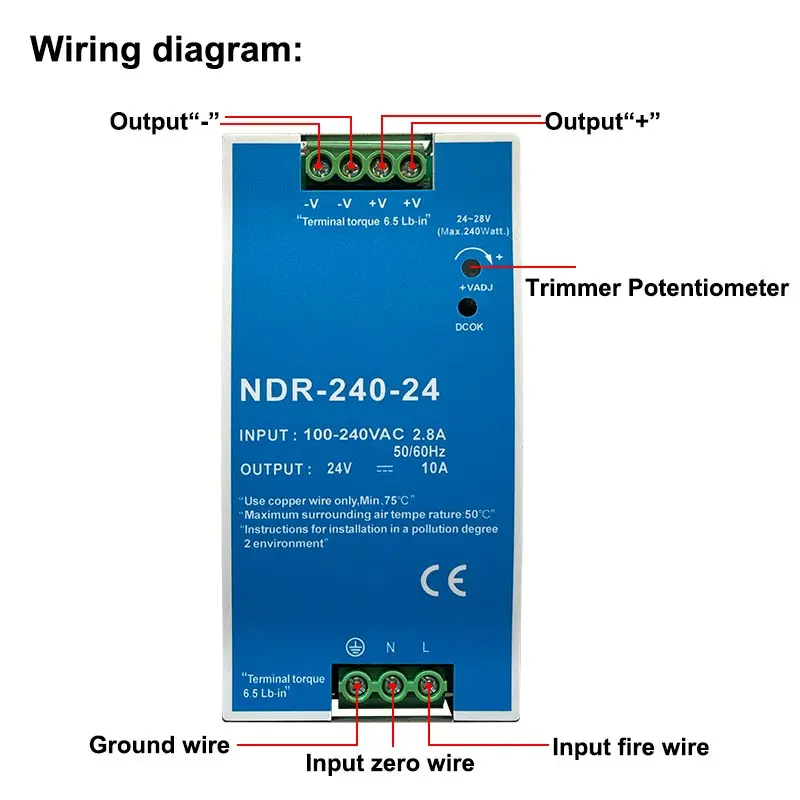 NDR 240W 24V 48V 산업용 DIN 레일 유형 단일 그룹 출력 변압기 240VAC 스위칭 전원 공급 장치
