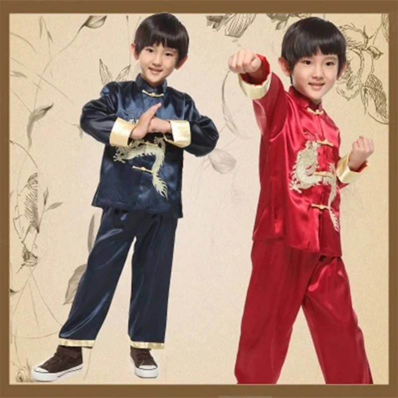 Long Sleeve Dragon Boy Kung Fu Chinese Traditional Costume Top+ Pants Children Nation Cospaly Clothes Chinese Folk Costume 16