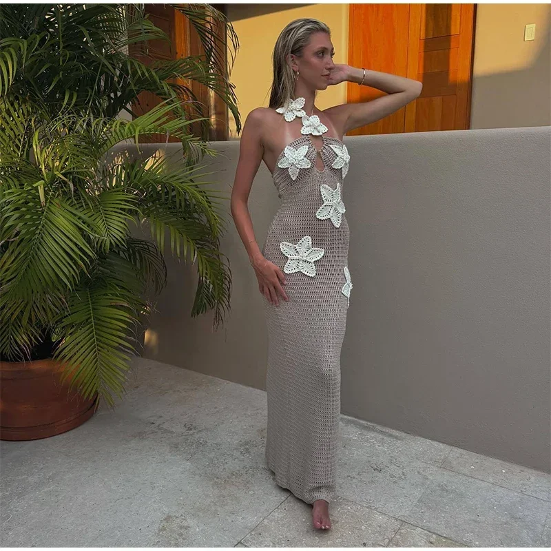 Sexy Knitted 3d Flower Halter Long Dress Women Crochet Hollow Out Sleeveless Blue Maxi Dresses New Lady Beach Vacation Robe