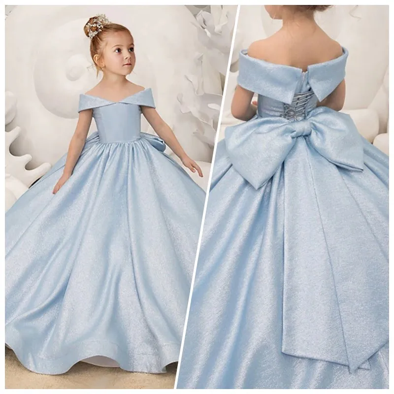 Flower Girl Dresses Off Shoulder Long Flower Girl Dresses Satin Ball Gown for Kids Party