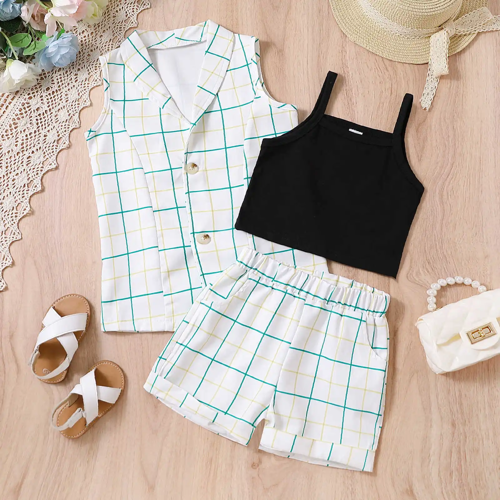 

3pcs 4-7Y Kids Clothing Set Summer 2023 New Fashion Plaid Vest Coat & Sling And Short Girls Clothes Suit Costume Outfits